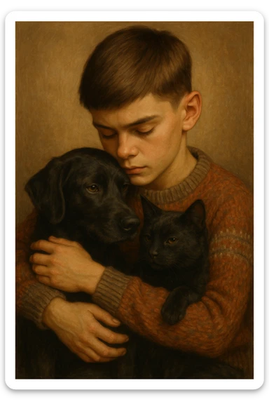 A kid with a chiseled jawline, brown eyes, and flat brown hair facing down, wearing a vintage sweater, hugging a black dog and a black cat. sticker