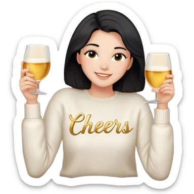 A woman with shoulder-length black hair, light to medium skin tone, full cheeks, and almond-shaped eyes, wearing a white sweater with the word 'cheers' in gold script, lying comfortably on a bed with soft lighting, joyful and radiant expression, no drinks. sticker