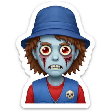 brown fluffy hair zombie with blue and white hat dark blue jilet red t shirt sticker