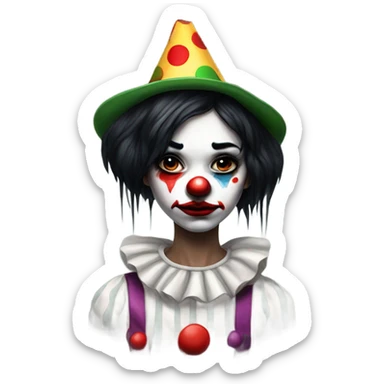 Sad clown girl with clown face paint wearing jester hat with straight black hair exaggerated expression of sadness on her face  sticker