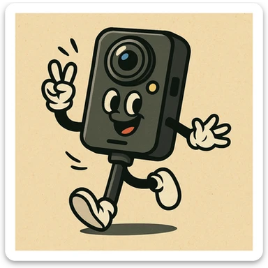 Remove any text or name from the design, keep the playful cartoon Insta360 camera on a stick character as the main subject, preserving its playful and cartoonish style. sticker