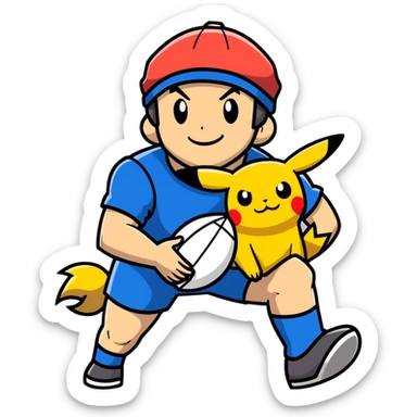 Hot handsomeb muscular 6ft tall smiling happy clean shaven Ash Ketchum playing rugby with Pikachu sticker