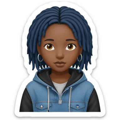 make a black girl with short black locs wearing a denim hoodie with black sleeves sticker
