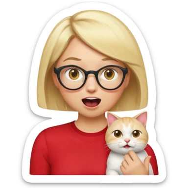 emoji style, waist-up woman with light skin, blonde bob hair, white cat-eye glasses, red shirt, hand cupped tightly around her mouth, hand very close to face as she shouts forward, excited expression, simple background sticker