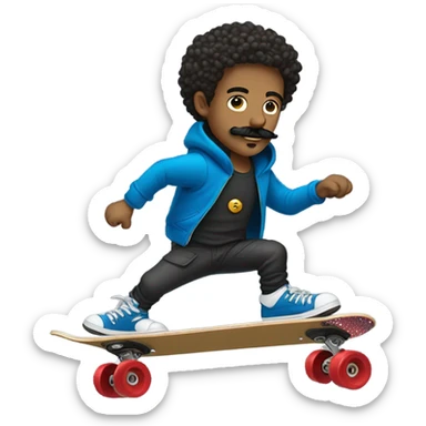 Italian guy with mustache skateboarding short curly hair with gold sparkly helmet and red wheels black cargo pants and blue sweatshirt sticker