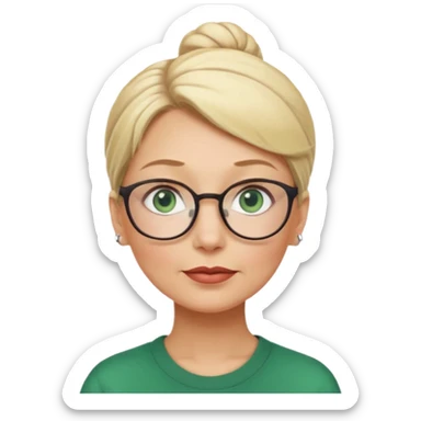 older teacher with blonde bun green eyes looking up and left and glasses full lips sticker