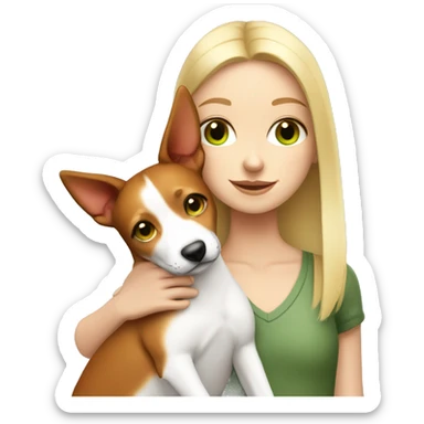 a white green eyed blonde girl hugging a red and white basenji dog sticker
