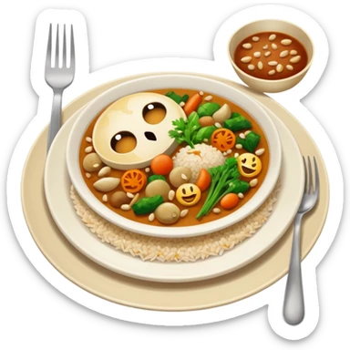  dirty plate after eating, leftover food scraps, vegetable pieces, rice grains, sauce stains on the plate, fork and spoon placed beside the platerealistic food leftovers, clean and simple background, soft lighting, high quality, emoji style sticker