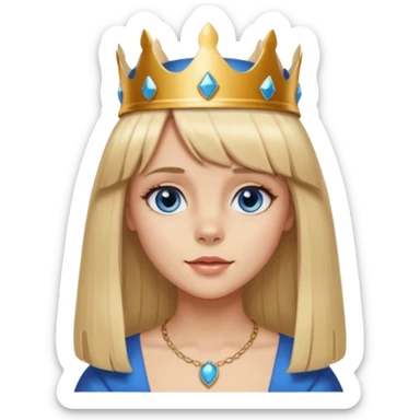 simple Blonde girl with bangs, long straight seductive hair and blue eyes, and a simple crown. giving cockerspaniel energy head only sticker