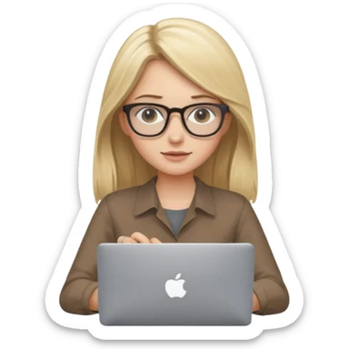 Girl in glasses, blonde long hair, sitting with MacBook , brown blouse, typing on gray MacBook sticker