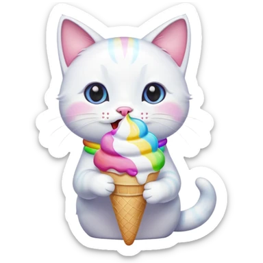 A cute white cat licking a colorful. Ice cream  sticker