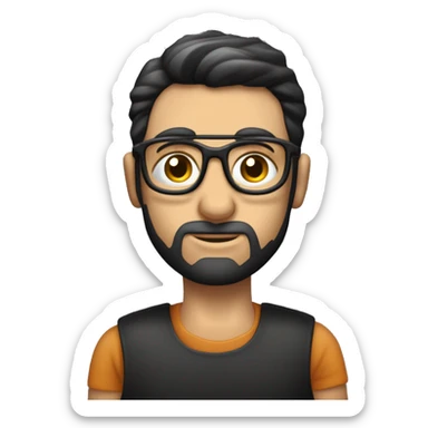 persona de complexión robusta, blanca, feo, gesticulando, con cabello corto y oscuro. Lleva gafas grandes de montura oscura y una camiseta de tirantes con rayas verticales blancas y negras. Esta gesticulando y explicando sticker