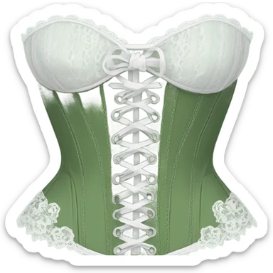 Sage green corset with white lace and bows, isolated sticker
