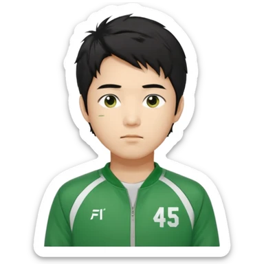 Draw Seong Gi-hun (Player 456), Korean male, messy black hair, green tracksuit with white number 456 printed on chest. sticker