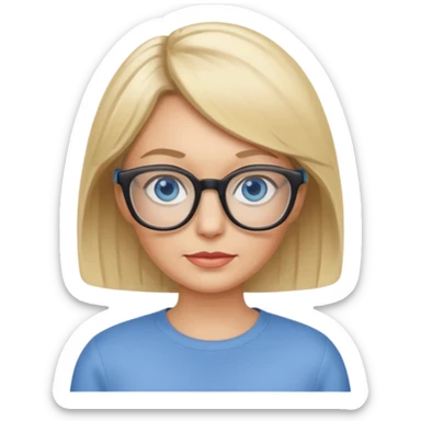 white woman about 50 blonde bobbed hair blue eyes glasses sticker