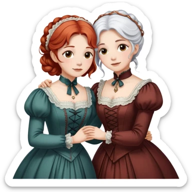 Two modest Victorian women hugging, one with white hair and one with copper red hair, wearing long Victorian dresses sticker