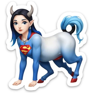 Art of a human white woman's very perfect body scheme anatomy-very long straight black to blue hair ombre-small goat horns-lean back-on knees-superman necklace sticker