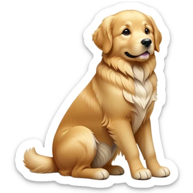cinematic-[golden retreiver]-realistic-full-body-sitting-emoji,-tail-resting-loosely-beside-its-paws,-head-tilted-dramatically,-sleek-[golden]-fur,-simplified-yet-realistic-focused-features,-highly-detailed,-glowing-with-an-almost-sarcastic-glow sticker