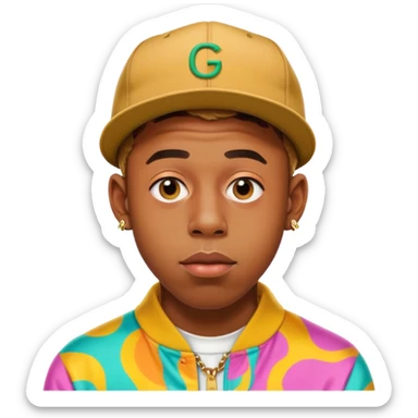 Tyler the Creator with his iconic look, wearing a colorful outfit sticker