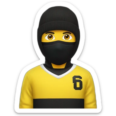 Guy wearing a yellow balaclava and a black and yellow hockey jersey sticker
