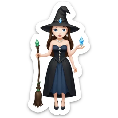 woman brunette, very large breasts, pale skin, blue eyes, long brown hair, black strapless dress, witch hat, pearl earrings, smirking, in black heels, standing, head to toe, full body, zoomed out, entire outfit visible sticker