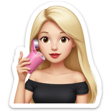 playful expression of woman with straight long blond hair, gossiping on a pink analogue phone, holding a tea cup, wearing an off-shoulder black top, red face sticker
