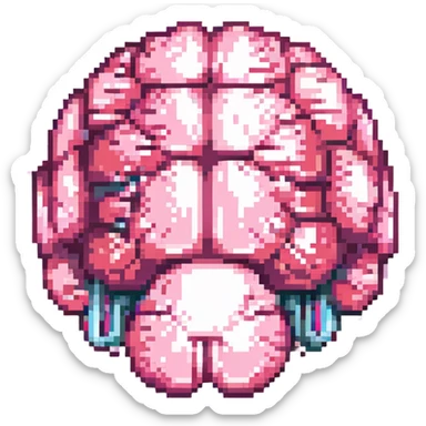 Make this pink melting brain icon more 3D with enhanced depth, shading, and highlights. Keep it fully front facing with pixel art accents. Background transparent. sticker