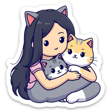Beautiful girl with long black hair cuddling a gray and blonde cat sticker