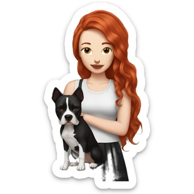 Long Red haired woman with septum piercing holding black and white English Staffordshire dog sticker