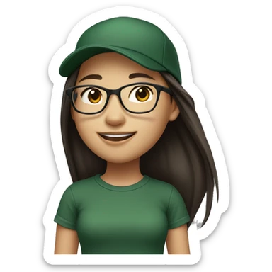 Hyper realistic, look from side, asian girl, light white skin, smiling with teeth, black eyes, spotted frame glasses, long brown straight hair with highlighted strands, black T-shirt, dark green cap. sticker