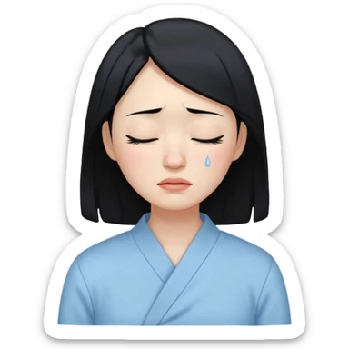 A crying East Asian woman with black hair, wearing light blue clothing. Her skin appears dry, closing her eyes and crying sticker