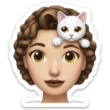 woman with brown hair wavy hair wearing makeup holding a black and white cat sticker