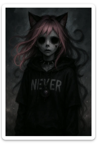 realistic anime catgirl with pink hair, emo streetwear, heart tattoo under left eye, dark magical accessory, sparkles, stormy background, ghostly horror look with floating hair, shadowy aura, and empty eye sockets sticker