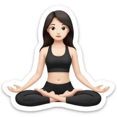Девушка белокожая, с длинными темными волосами, в черной одежде для йоги, стоит в позе лотоса, в стиле бимбо пилатес, правильные пропорции, только человек sticker
