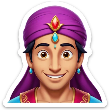 Cinematic Realistic Aladdin Portrait, head tilted dramatically with an exaggeratedly amused expression, featuring vibrant eyes and a slight, roguish grin. His detailed attire and subtle magical accents are brought to life with dynamic lighting and vivid textures, capturing a rare, playful burst of humor from a daring street-wise adventurer. sticker
