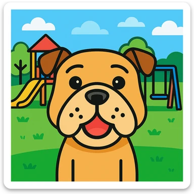Add a playful background, such as a park or colorful playground, to the English bulldog icon in color outline style. sticker