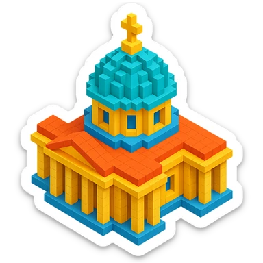 Kazan Cathedral of Saint Petersburg, classic architecture, large central dome, colonnade, isometric view sticker