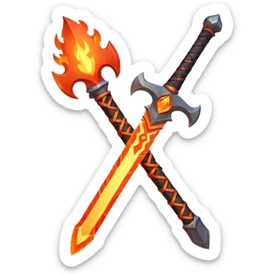 fire guardian sword object icon, flaming blade, glowing lava runes, ember sparks, fantasy weapon, 3D cartoon, mobile game icon style, centered, clean background, no text, no watermark
 sticker