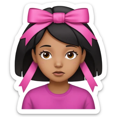 Brown girl with the hairl black  with a stress facial expression and a Pink ribbon in the hair  sticker