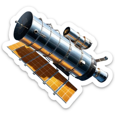 cinematic-realistic-hubble-space-telescope-emoji, an awe-inspiring, ultra-detailed depiction of the Hubble Space Telescope floating in space, its large, reflective metallic surface gleaming against the backdrop of the infinite blackness. The telescope's vast solar panels extend outwards, catching the light from distant stars, while its intricate, cylindrical body showcases advanced, precise engineering. The telescope's large, hexagonal lens is pointed towards the cosmos, surrounded by mechanical components, wires, and sensors. The detailed textures of the telescope’s metallic exterior, the shiny reflective coating, and the intricate grid-like solar panels are sharply contrasted against the void of space, with distant stars and nebulae faintly visible in the background, adding to the sense of scale and technological marvel; rendered with extreme realism and attention to detail. sticker
