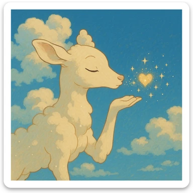 gentle vanilla cloud doe in Ghibli-inspired style sending a sparkling kiss sticker