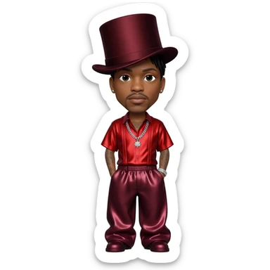 Ginuwine with black short hair, dark red top hat, red metallic shirt, burgundy metallic baggy pants, silver necklace sticker