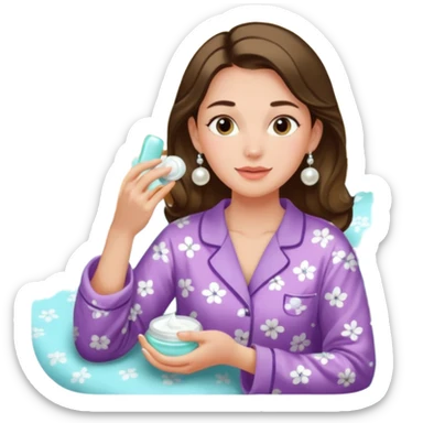 Clean girl aesthetic emoticons, apply skincare products, pearl earrings, glowing skin, pajamas, soft lighting sticker