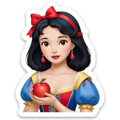 Cinematic Realistic Snow White Portrait, depicted with lifelike skin texture, soft natural lighting, and intricately detailed black hair styled with a red ribbon. Her soft brown eyes radiate innocence and kindness, complemented by a warm, gentle smile. She holds an apple in one hand, her other hand resting against her cheek, embodying her purity and charm. She is dressed in her classic yellow, blue, and red gown, the fabric rich in texture with delicate folds that catch the light beautifully. The portrait features a soft, natural glow with a radiant finish, capturing the essence of timeless beauty in a realistic and painterly style. sticker