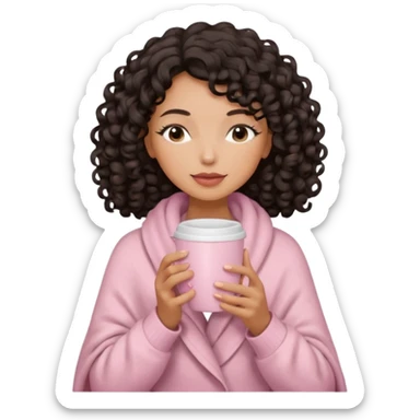 woman with medium tan sand tone, black mid length 3b curls, closed eyes, feminine face, holding soft pink coffee cup with beige blanket over shoulders sticker