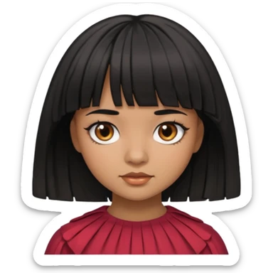 Girl that has a short black hime cut with curtain bangs, then dark brown eyes, and has a bit brown skin sticker