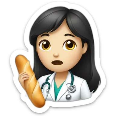 doctor girl with dark hair crying tears eating french baguette sticker