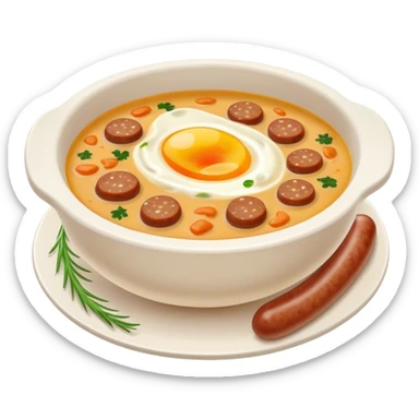 Cinematic Realistic ≈ªurek Soup Dish Emoji, depicted as a tangy, creamy rye soup with sausage and egg rendered with detailed textures and warm, comforting lighting. sticker