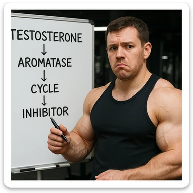 realistic inexperienced bodybuilder in front of whiteboard with testosterone and aromatase inhibitor cycle scheme, holding pen, puzzled look, growing muscles, gym background, 4K quality sticker