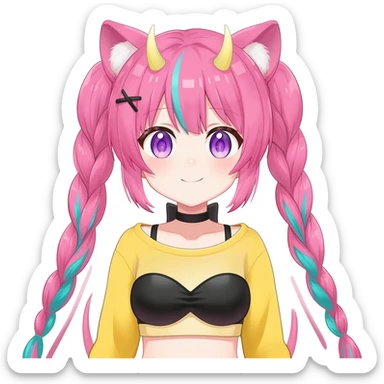 En anime-ku-jente med to rosa lange tykke fletter og cyan striper i håret, horn, og ku-ører, sort BH-topp over en gul cropped-fleece-blouse, lilla øyne, søt sløyfe på halsen  sticker